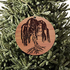 Laser engraved cedar ornament front view on raw cedar