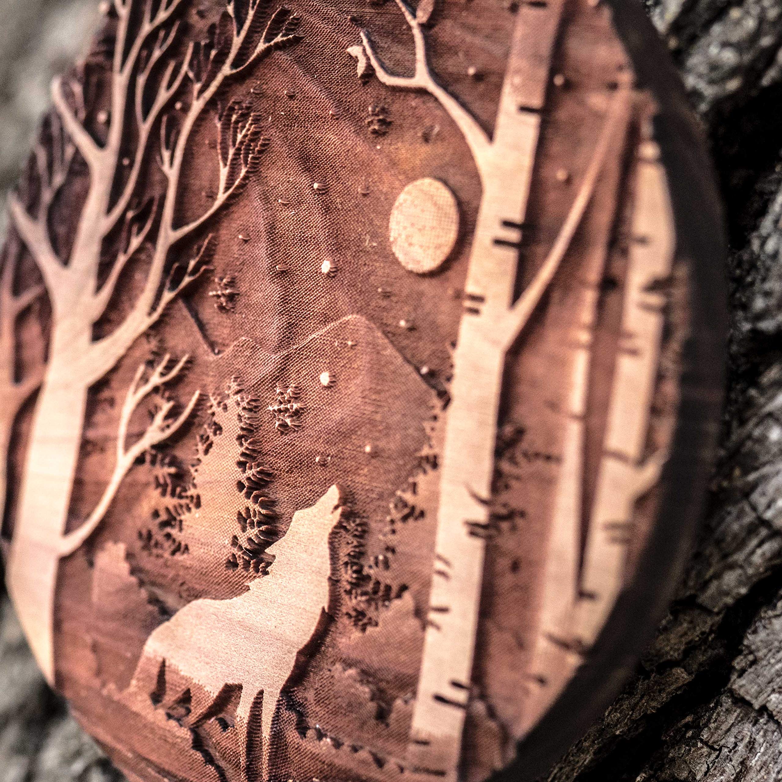 Winter Wolf raw cedar ornament 3x3in laser engraved close up