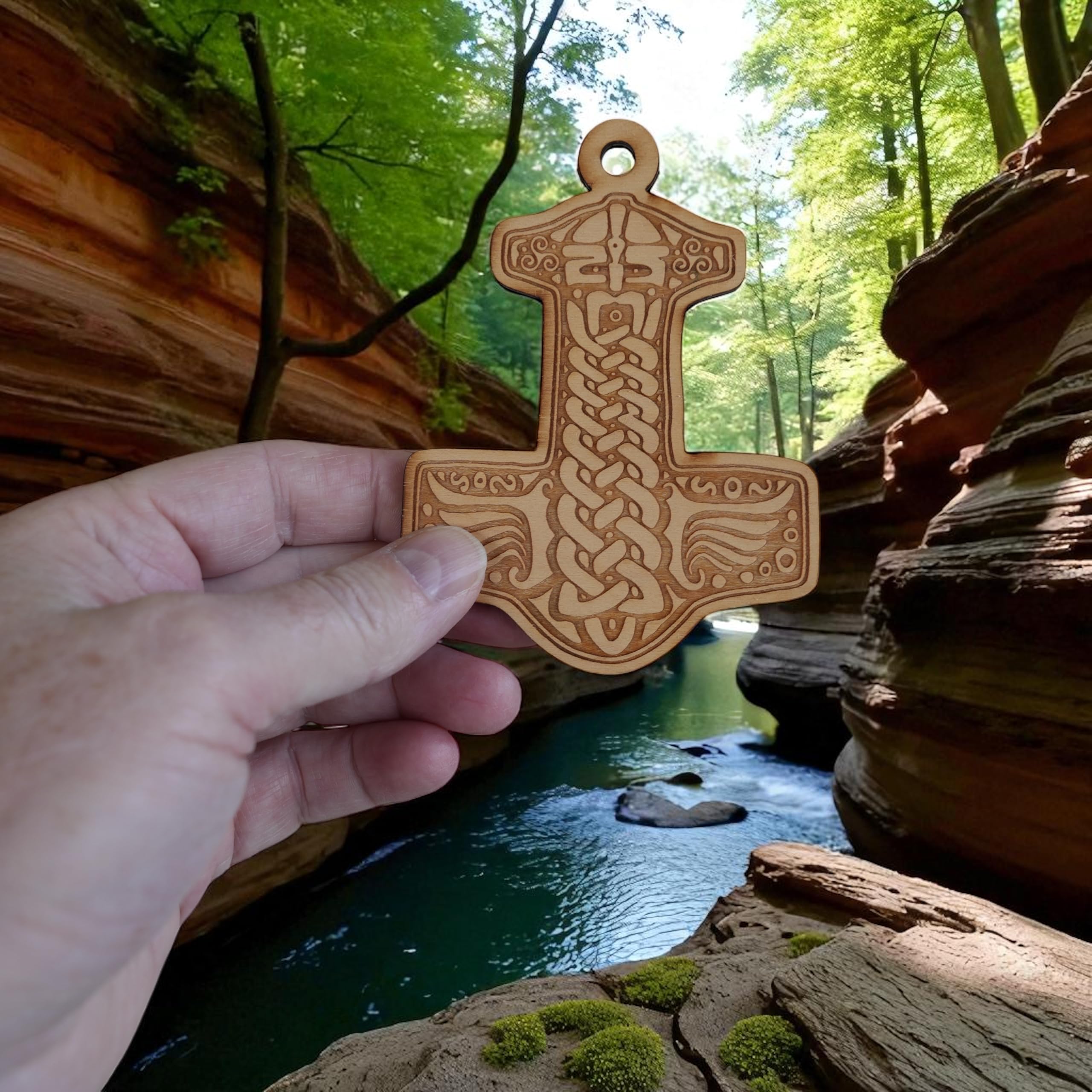 Raw wood ornament Mjölnir 3x4in back view
