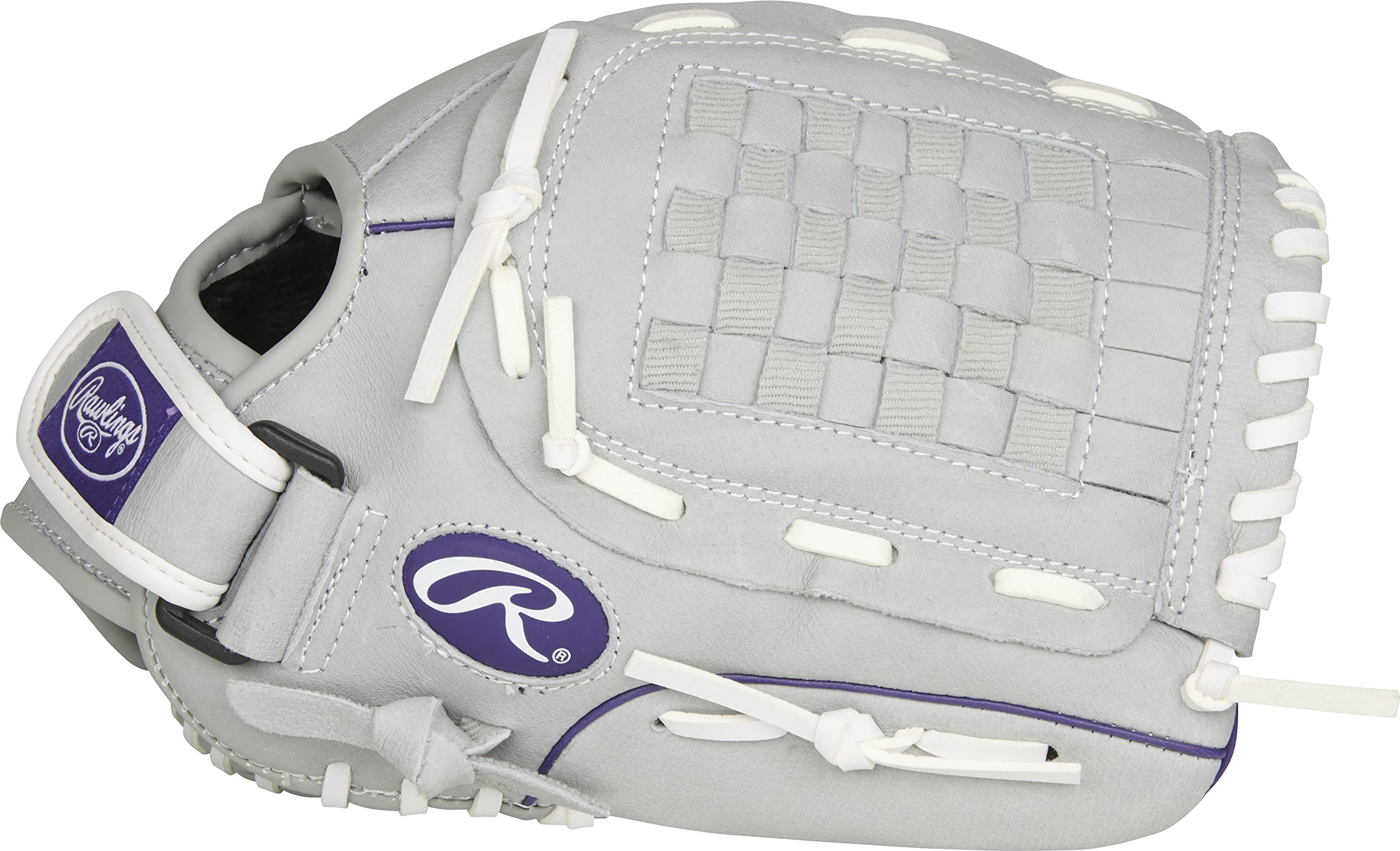 Youth Rawlings softball glove with purple grey white colorway and 12 inch size
