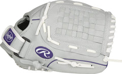 Youth Rawlings softball glove with purple grey white colorway and 12 inch size