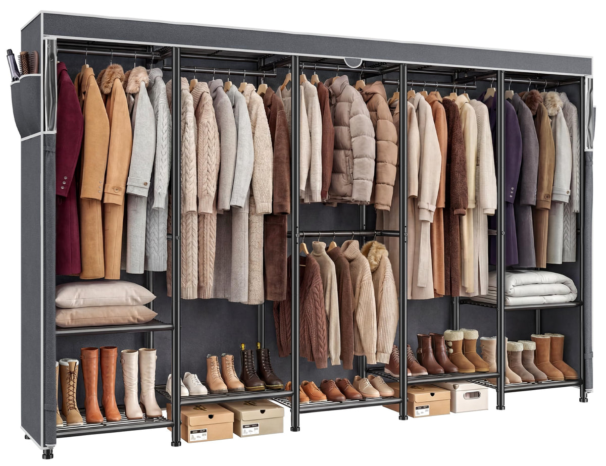 Raybee clothes rack with cover showing 12 shelves and 6 hanging rods