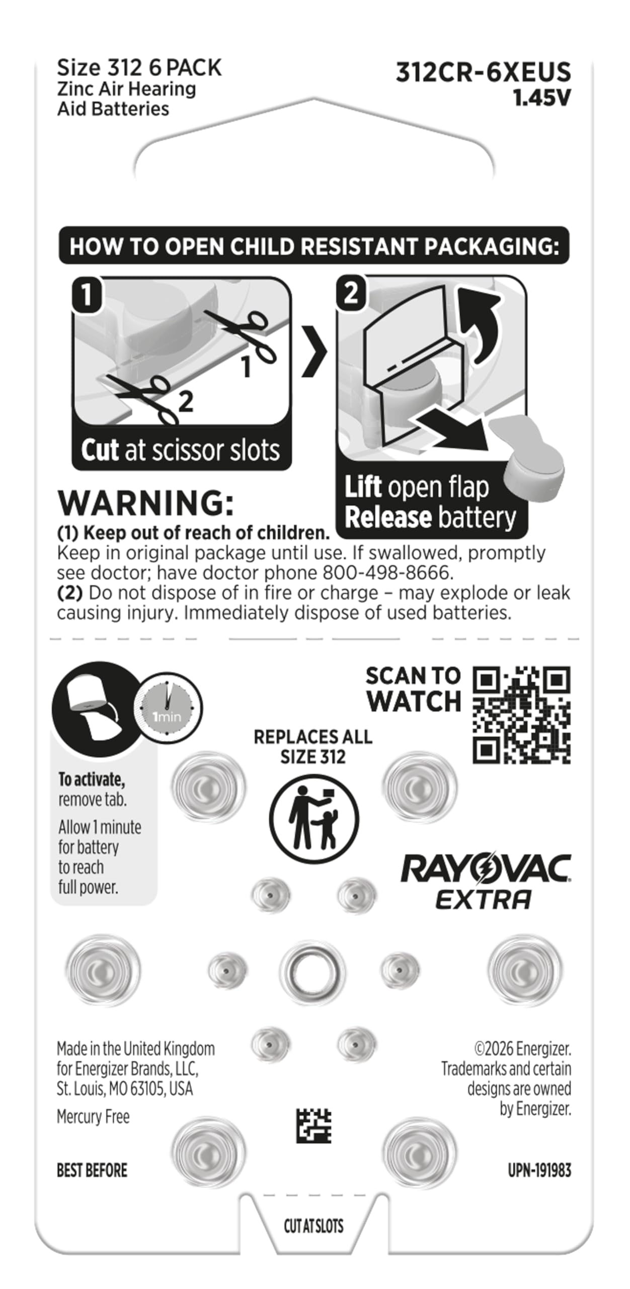 Rayovac 312 batteries pack with child resistant packaging