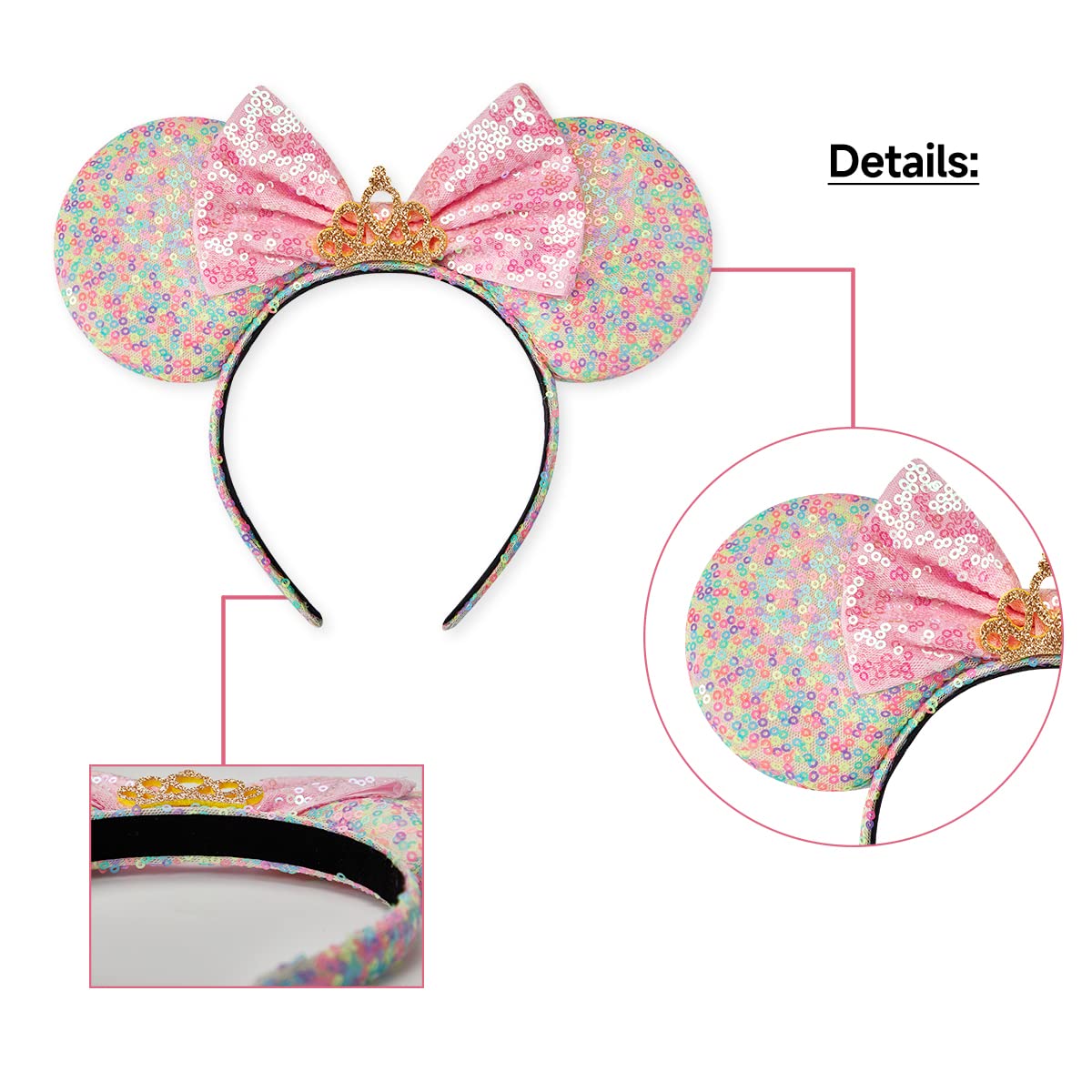 Headband features 3.5 inch sparkle ears and 5 inch bow