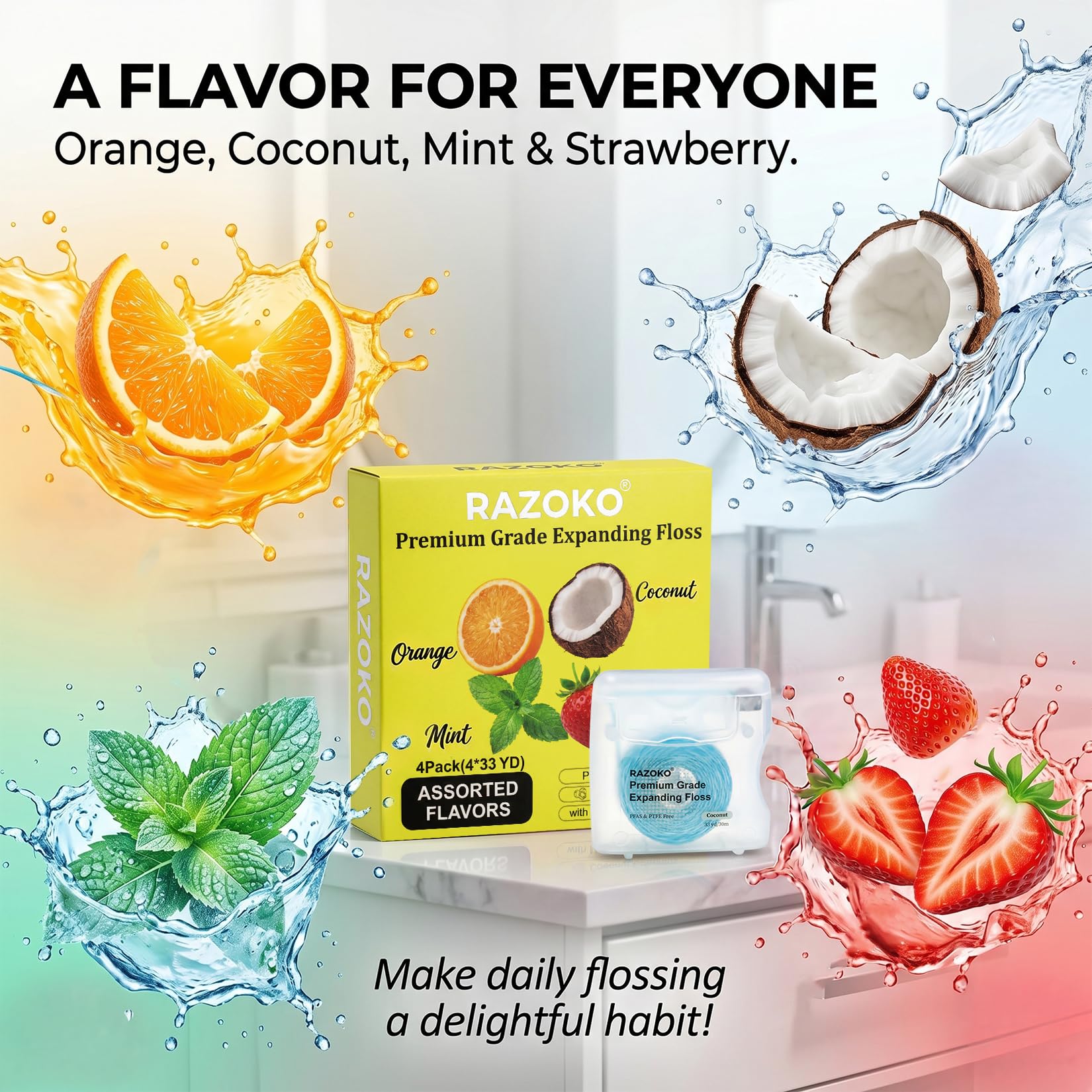 RAZOKO expanding woven dental floss orange flavor dispenser