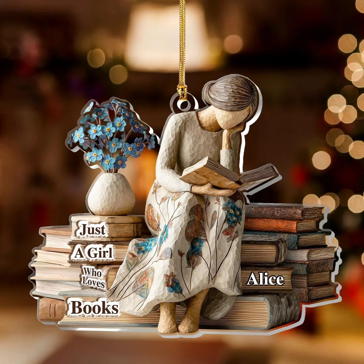 Reading Girl sitting on book stack ornament
