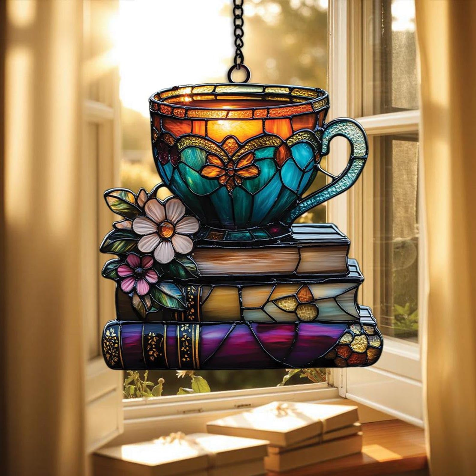 Reading nook decor acrylic ornament with floral book and teacup