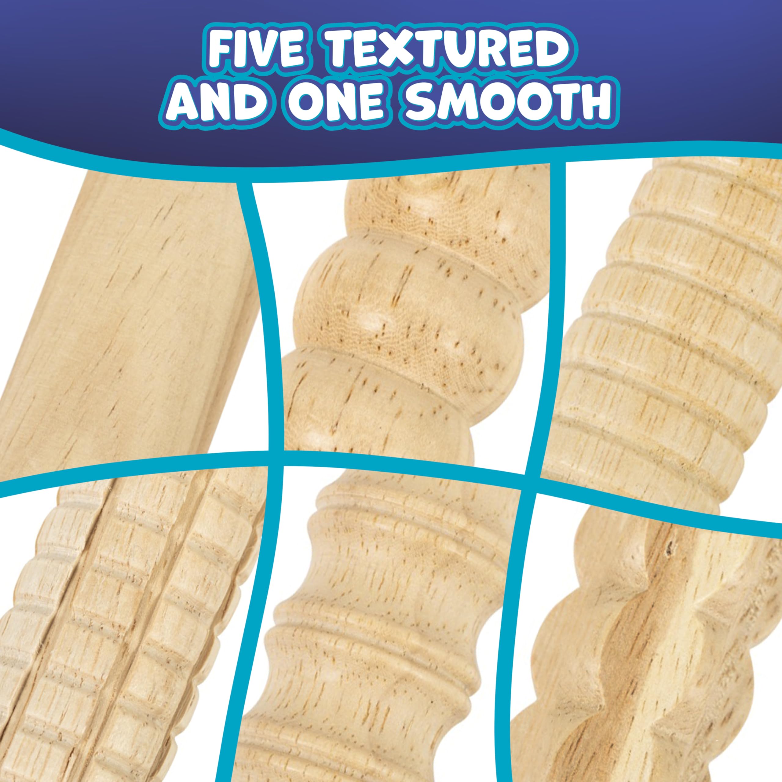 Five patterned plus one smooth textured rolling pins included