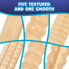 Five patterned plus one smooth textured rolling pins included