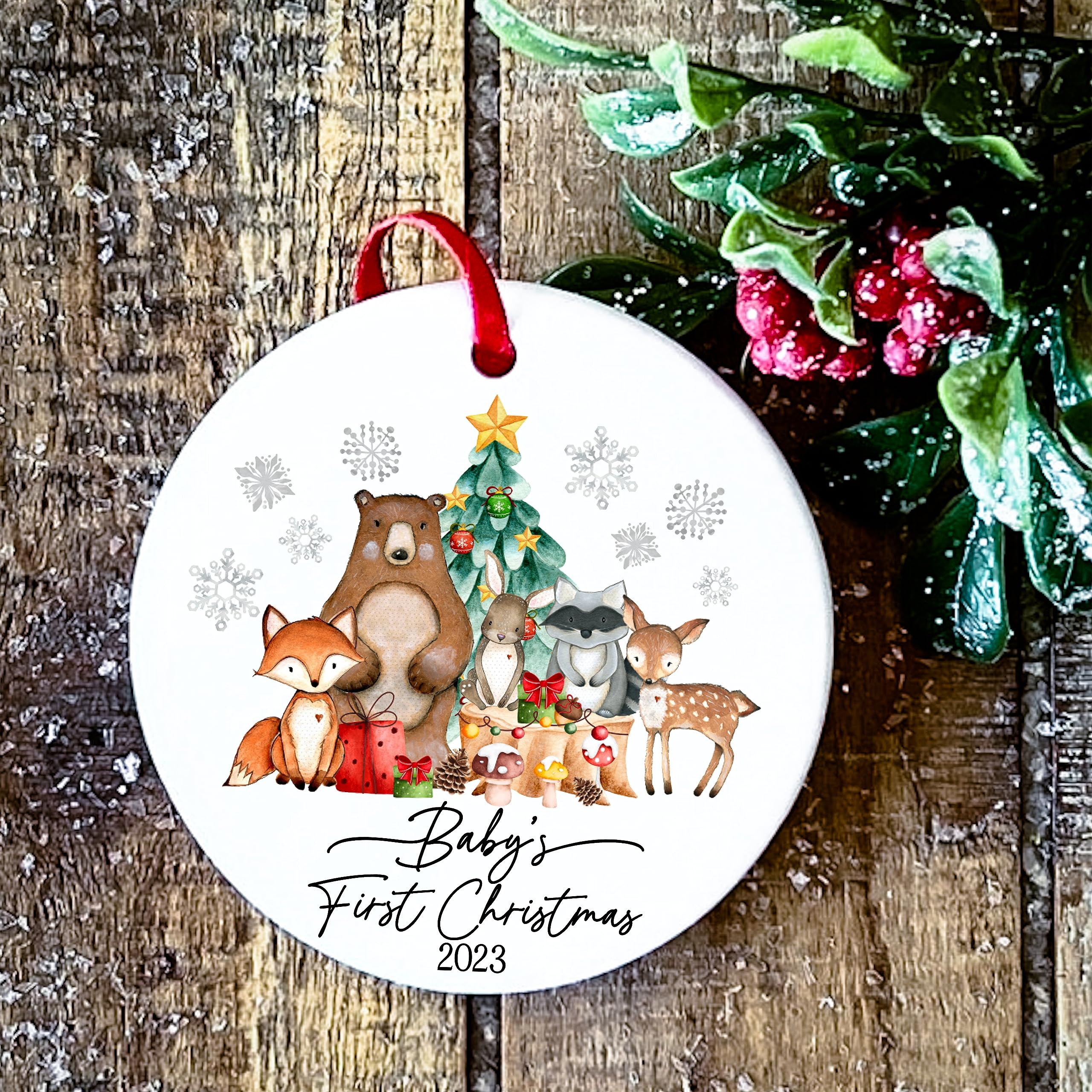 Ready to hang ornament with gift box and red ribbon