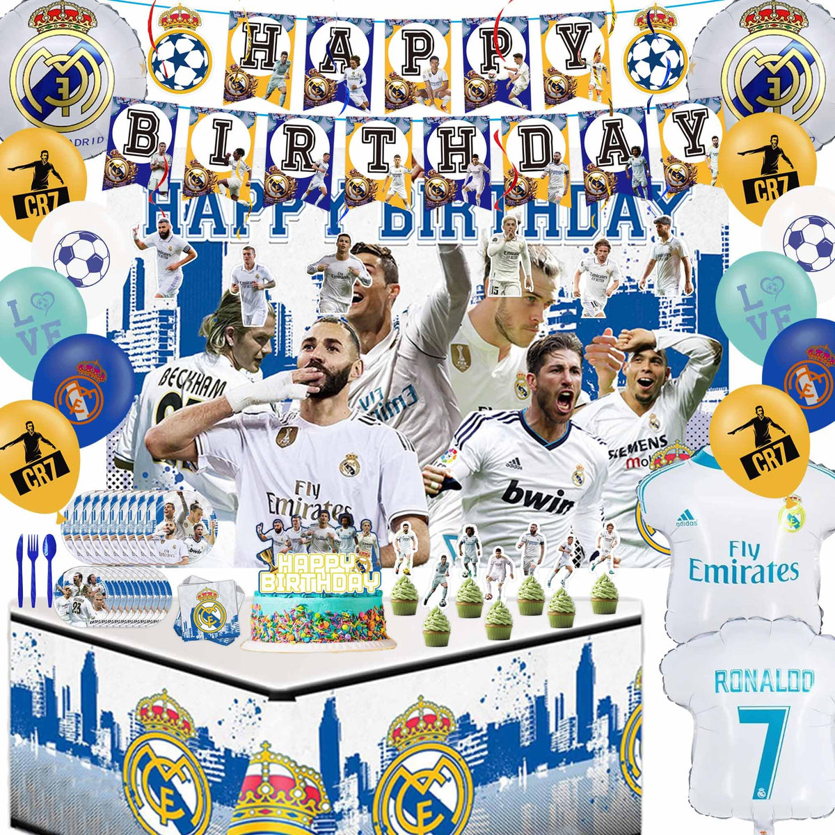 Real Madrid football themed birthday decorations set packaging