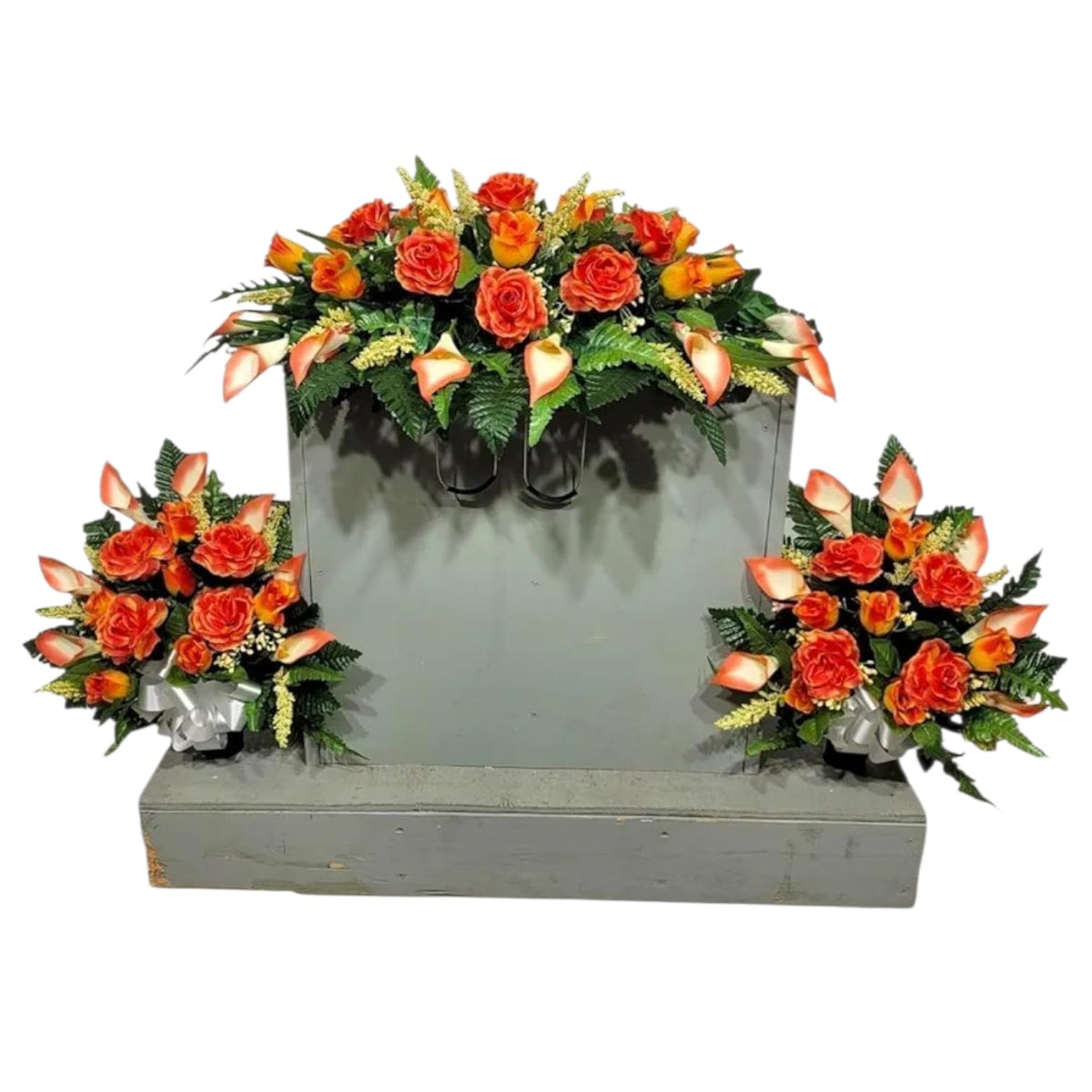 realistic artificial cemetery flowers orange roses and calla lilies
