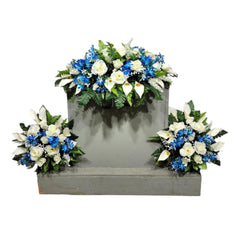 Realistic artificial cemetery flowers cream roses headstone saddle