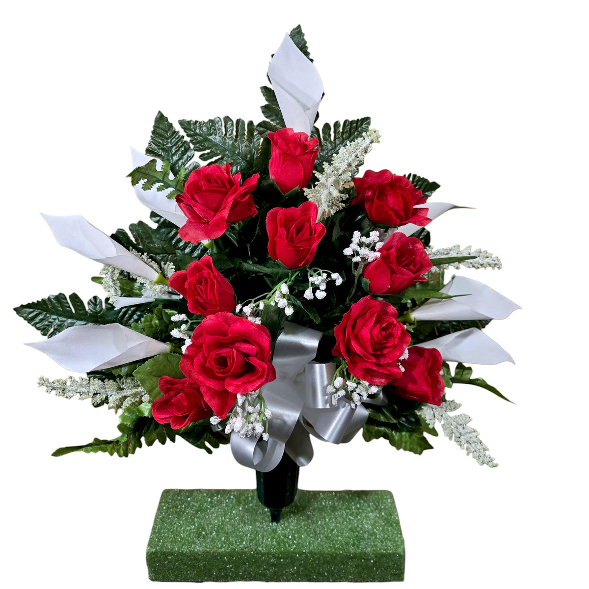 Realistic cemetery flowers red rose and white calla lily bouquet