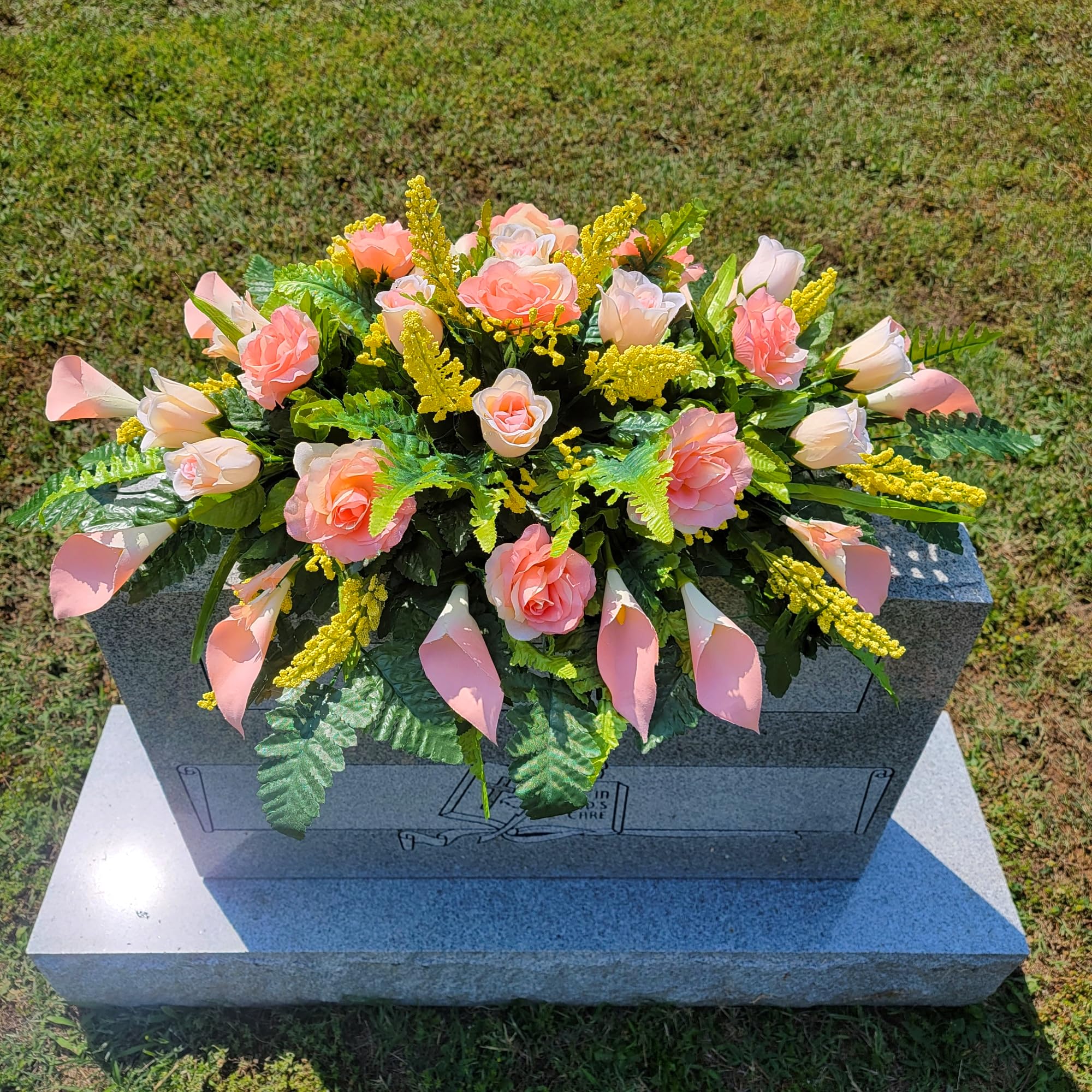 Realistic silk grave flowers arrangement for headstone