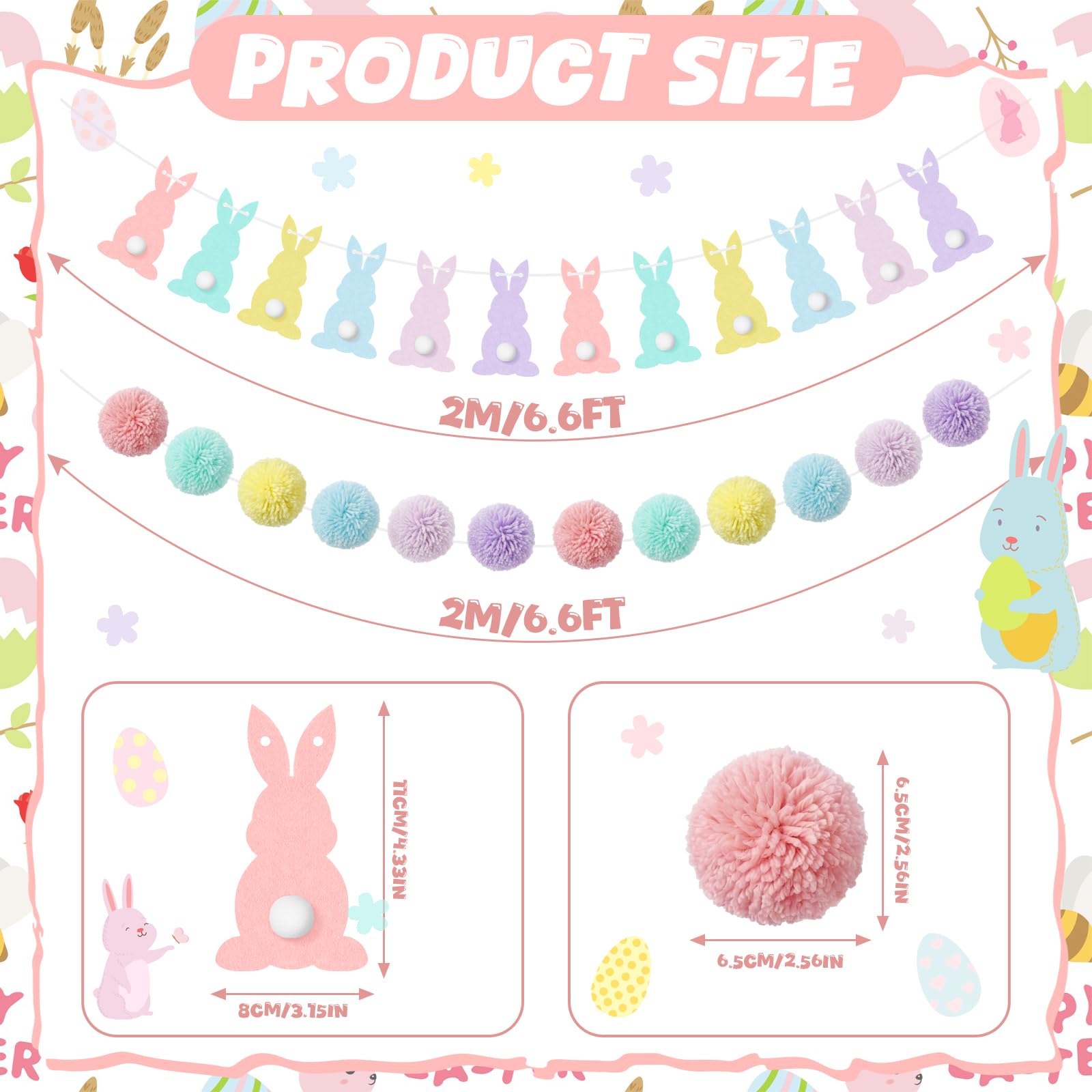 6.56 ft long Easter garland with 25 pom balls