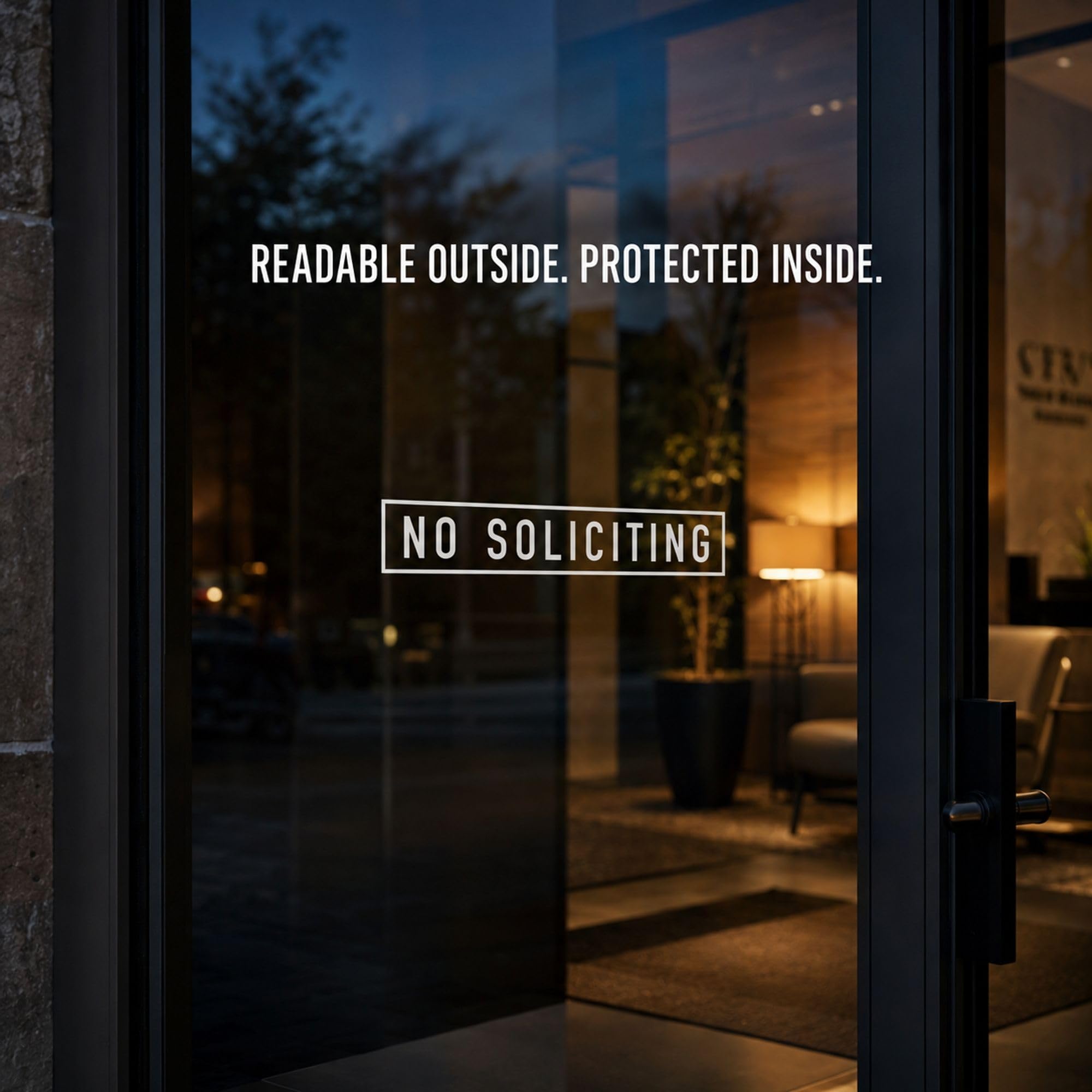 13 x 3 inch No Soliciting decal on doors