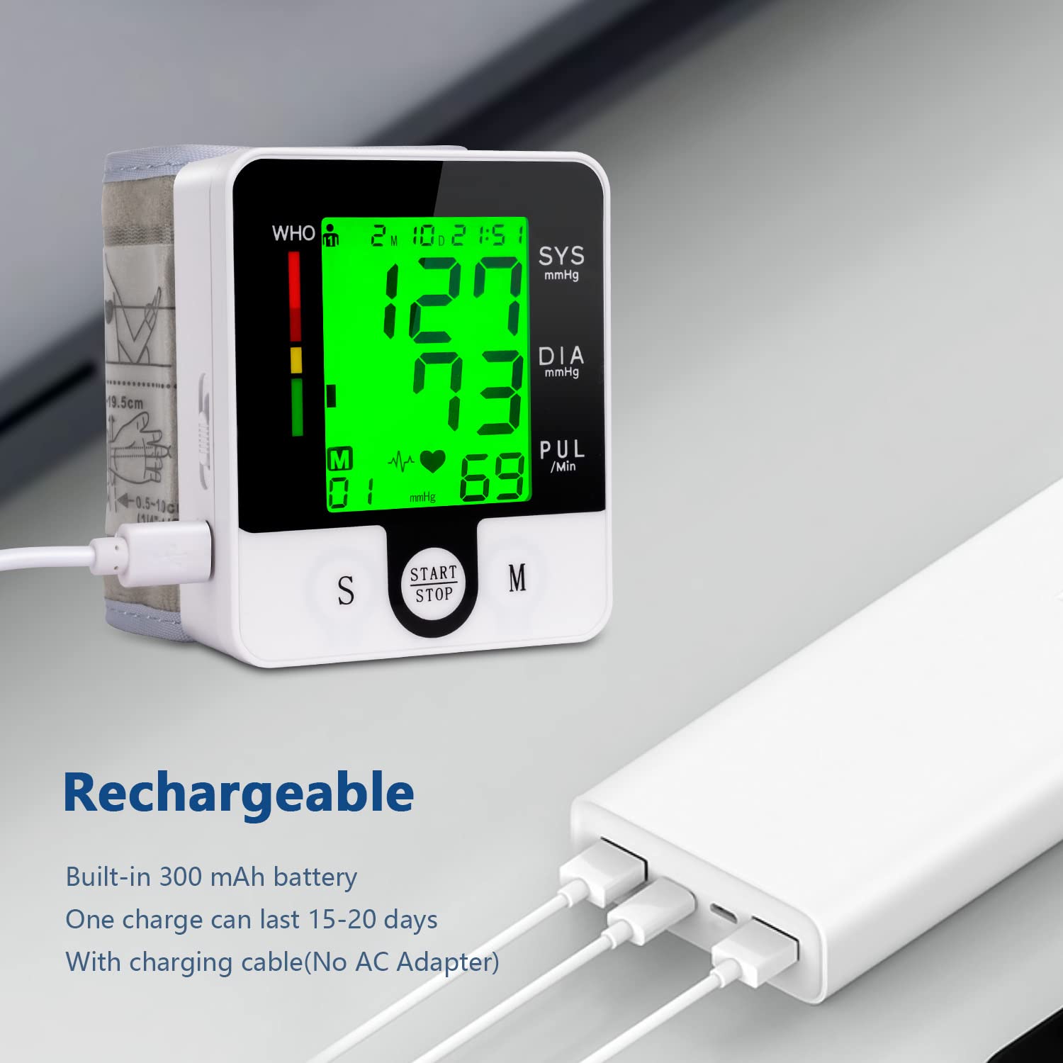 Rechargeable BP monitor with carrying case and wrist cuff