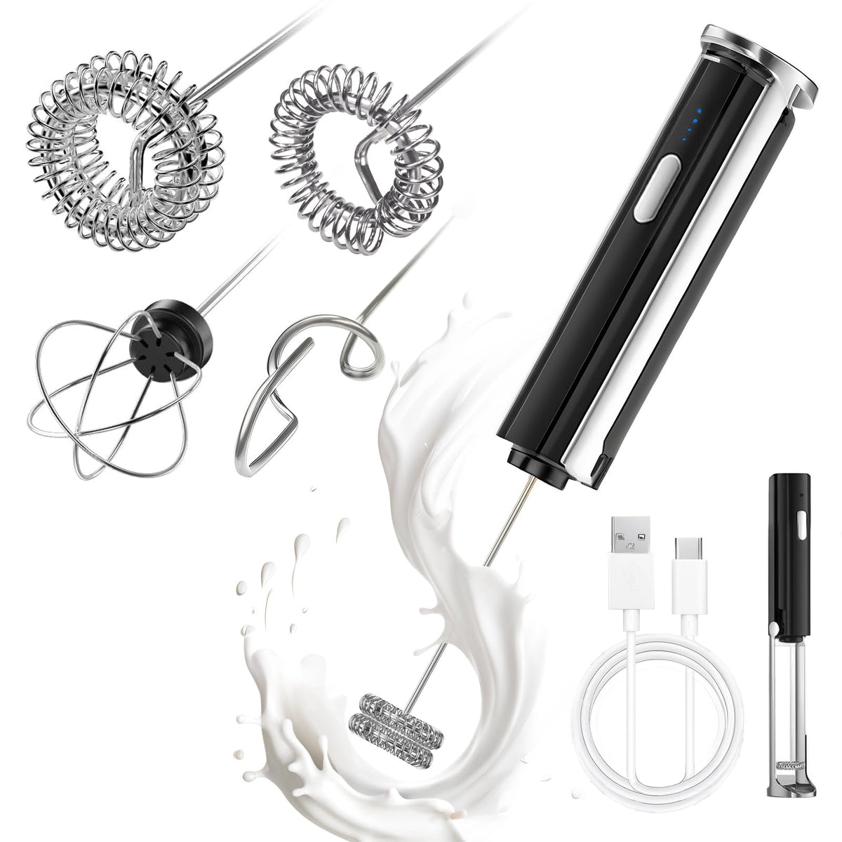 Rechargeable Milk Frother with Stand black and compact body