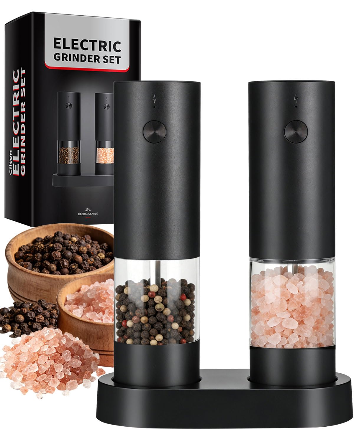 Rechargeable electric salt pepper grinder set 2 pack on kitchen counter