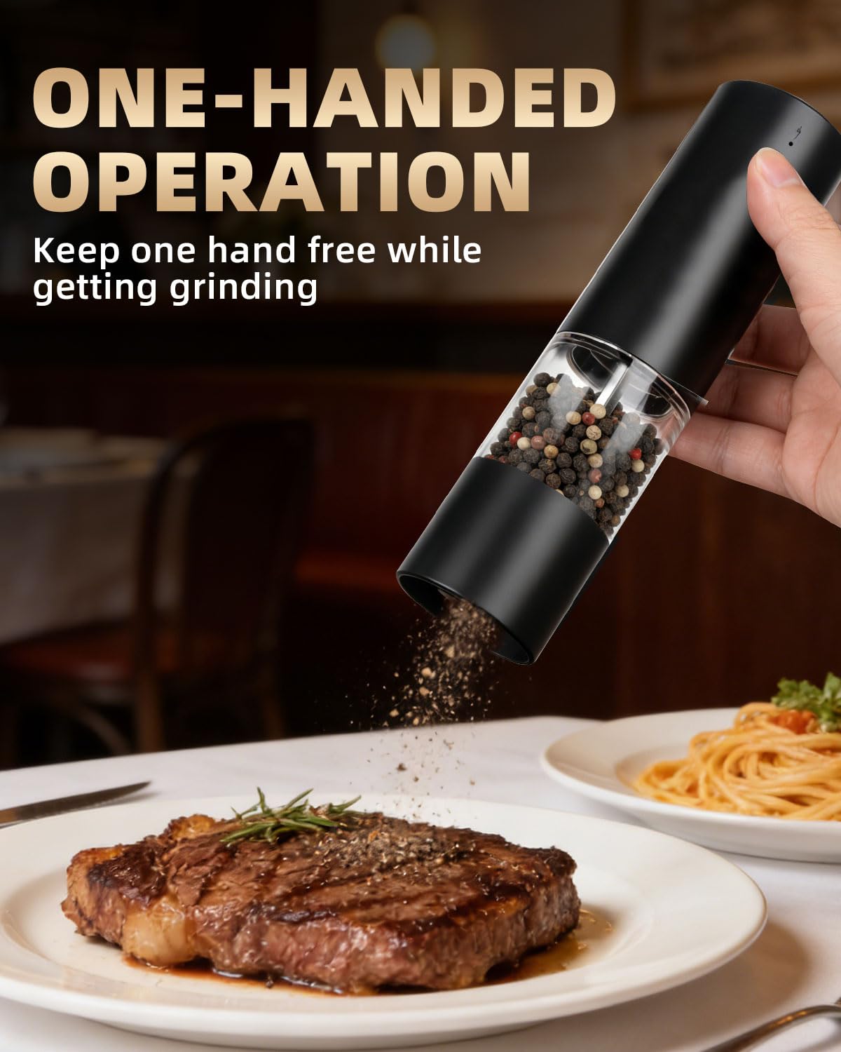 One-handed salt pepper grinder set shown in close view
