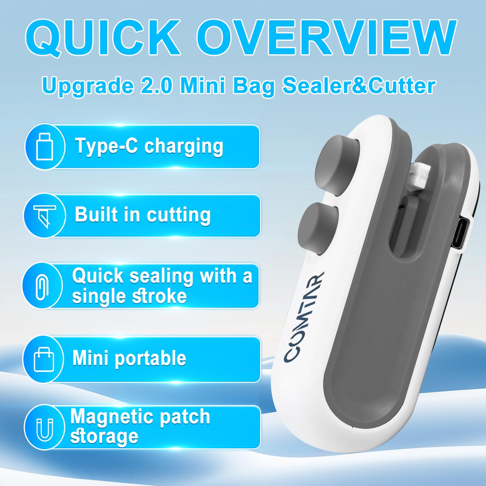 Rechargeable snack bag sealer USB-C charging port