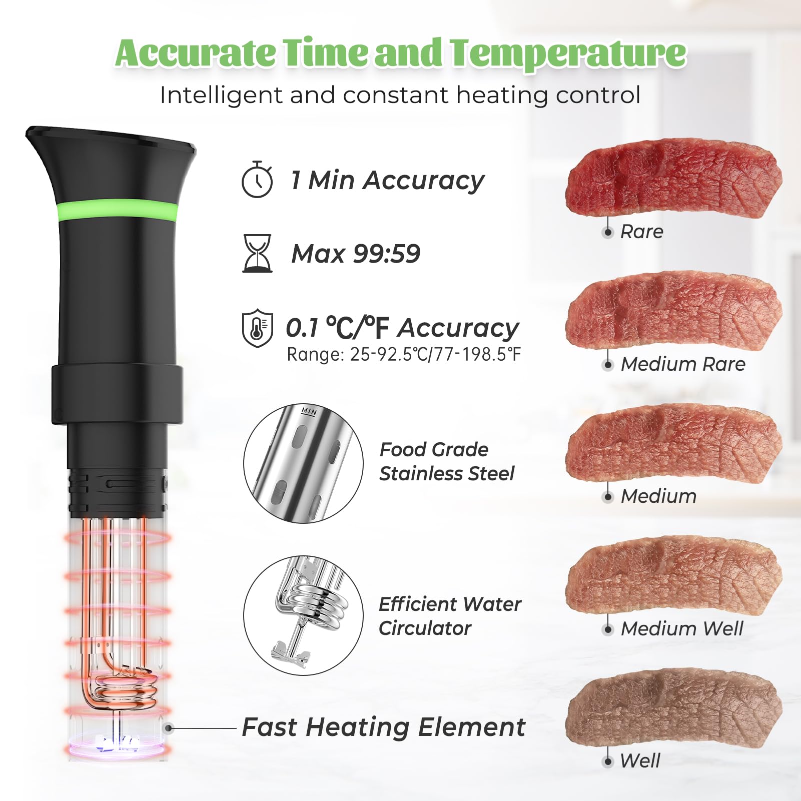 Wide temperature range 77.0-198.5 F on sous vide cooker