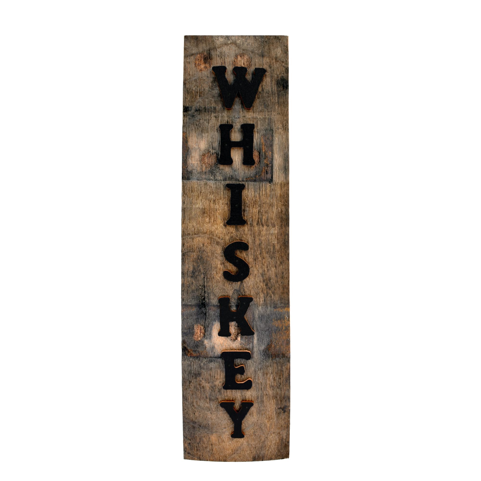 Reclaimed barrel stave whiskey sign bar decor on display shelf