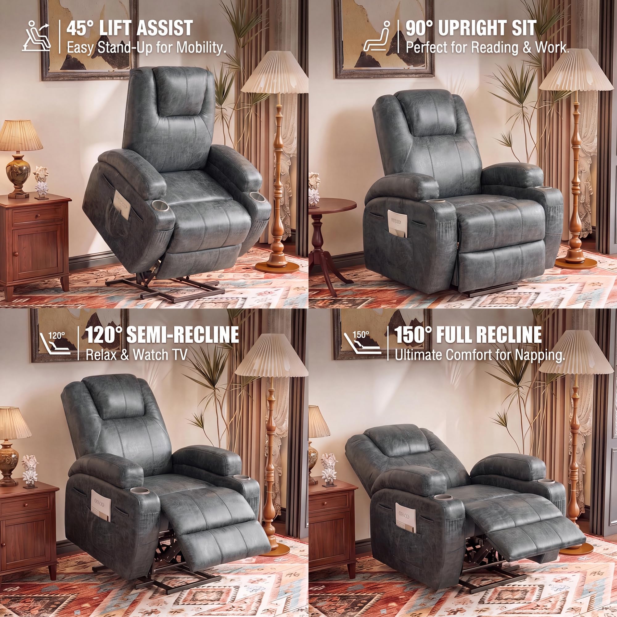 Recliner showing two side pockets two front pockets and cup holder