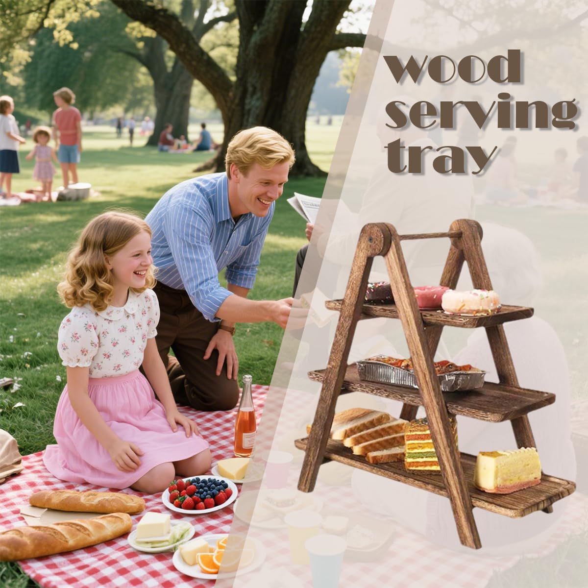 Three-tier serving tray with wooden tiers for display