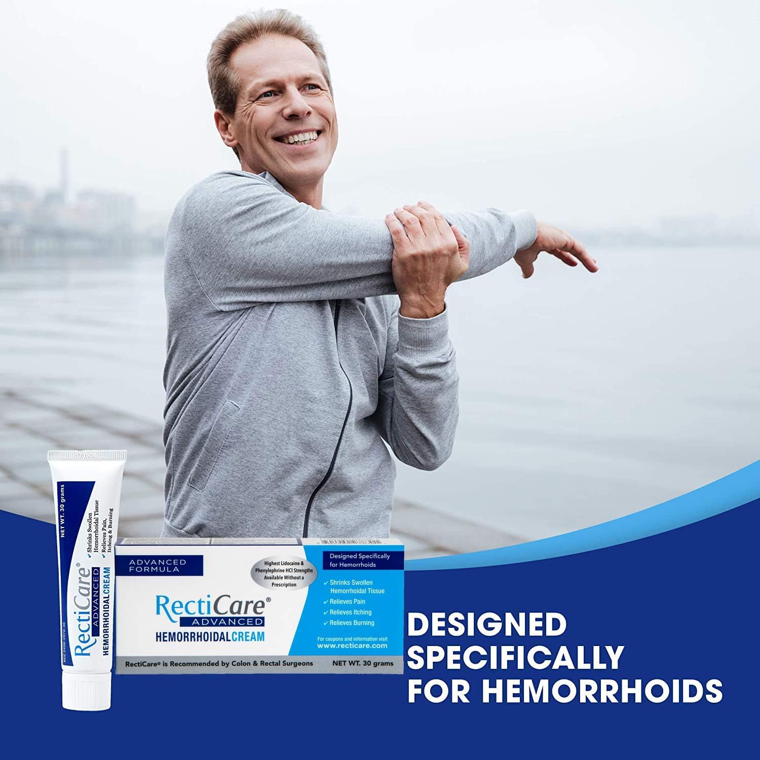 4-in-1 relief messaging on Recticare Advanced Hemorrhoidal Cream packaging