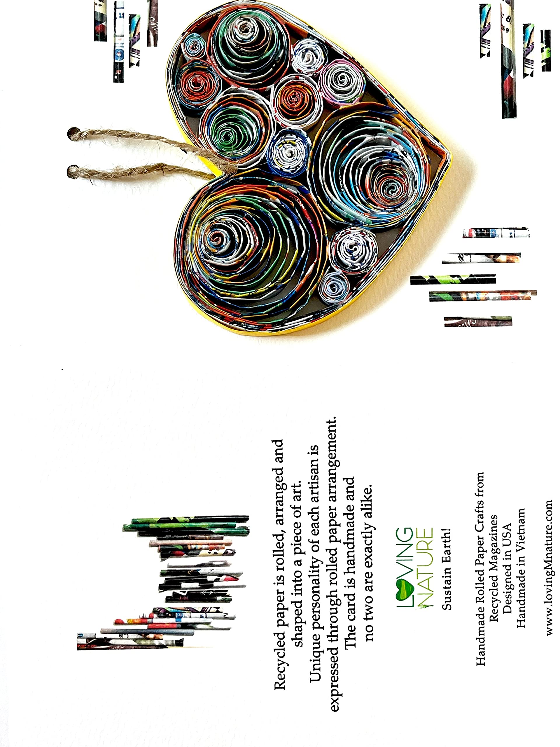 Recycled magazine ornament handmade on card