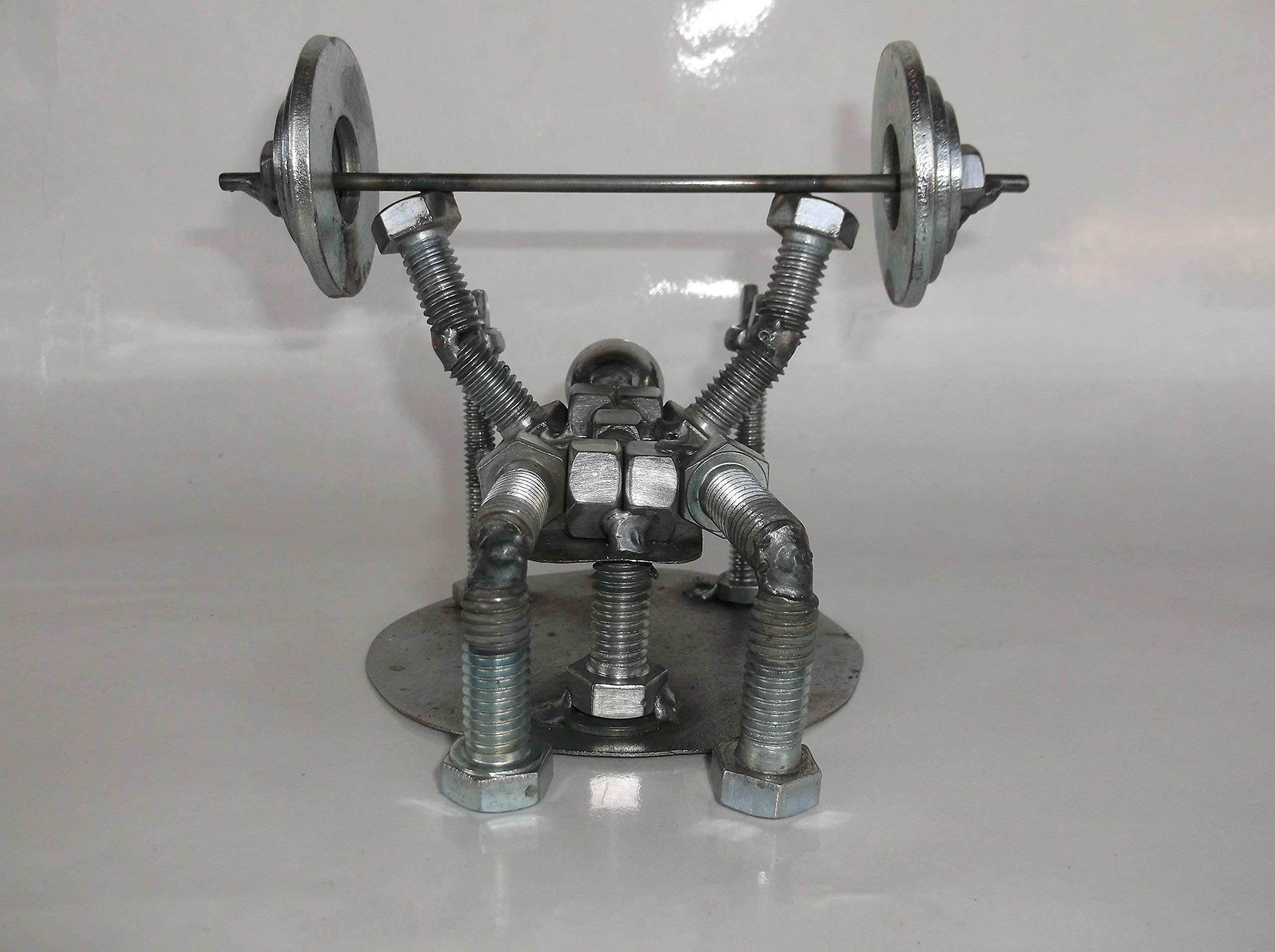 Recycled materials figurine weight lifter art for desk