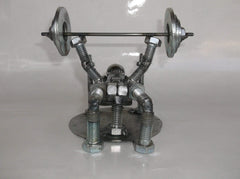 Recycled materials figurine weight lifter art for desk