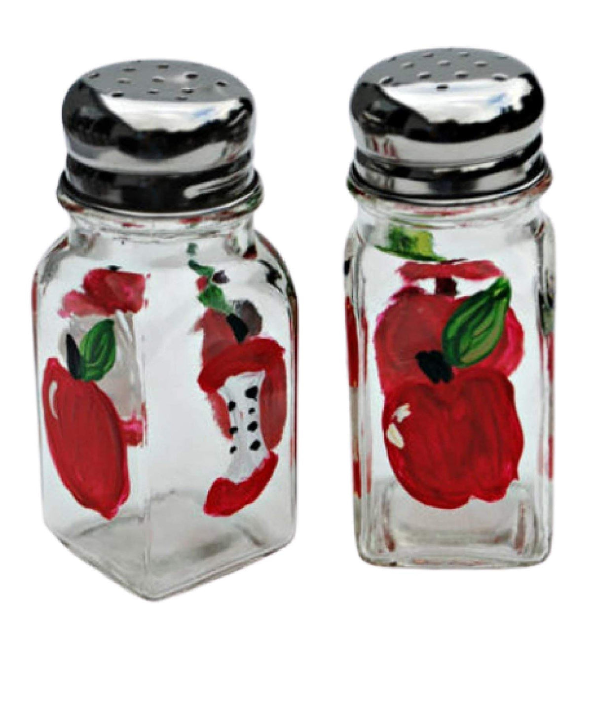 Red Apple Salt and Pepper Shaker Set hand painted glass with silver tops