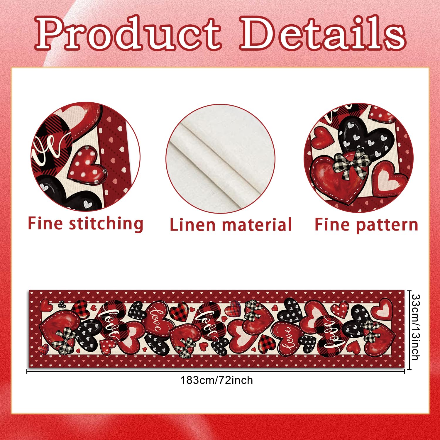 Red black hearts buffalo plaid linen-feel runner for dining