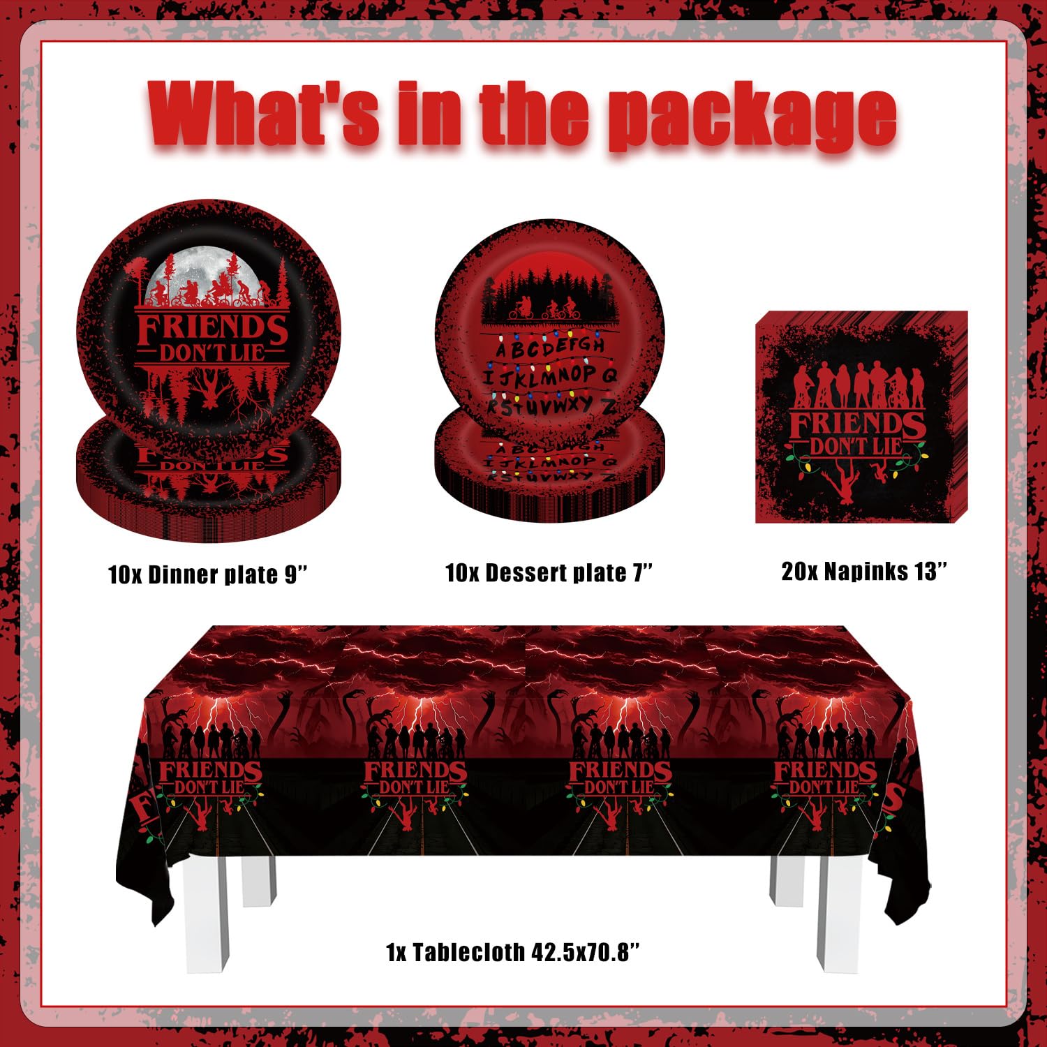 Red and black tableware design for Stranger Birthday party