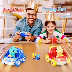 Red and blue dinosaur RC cars with two remotes