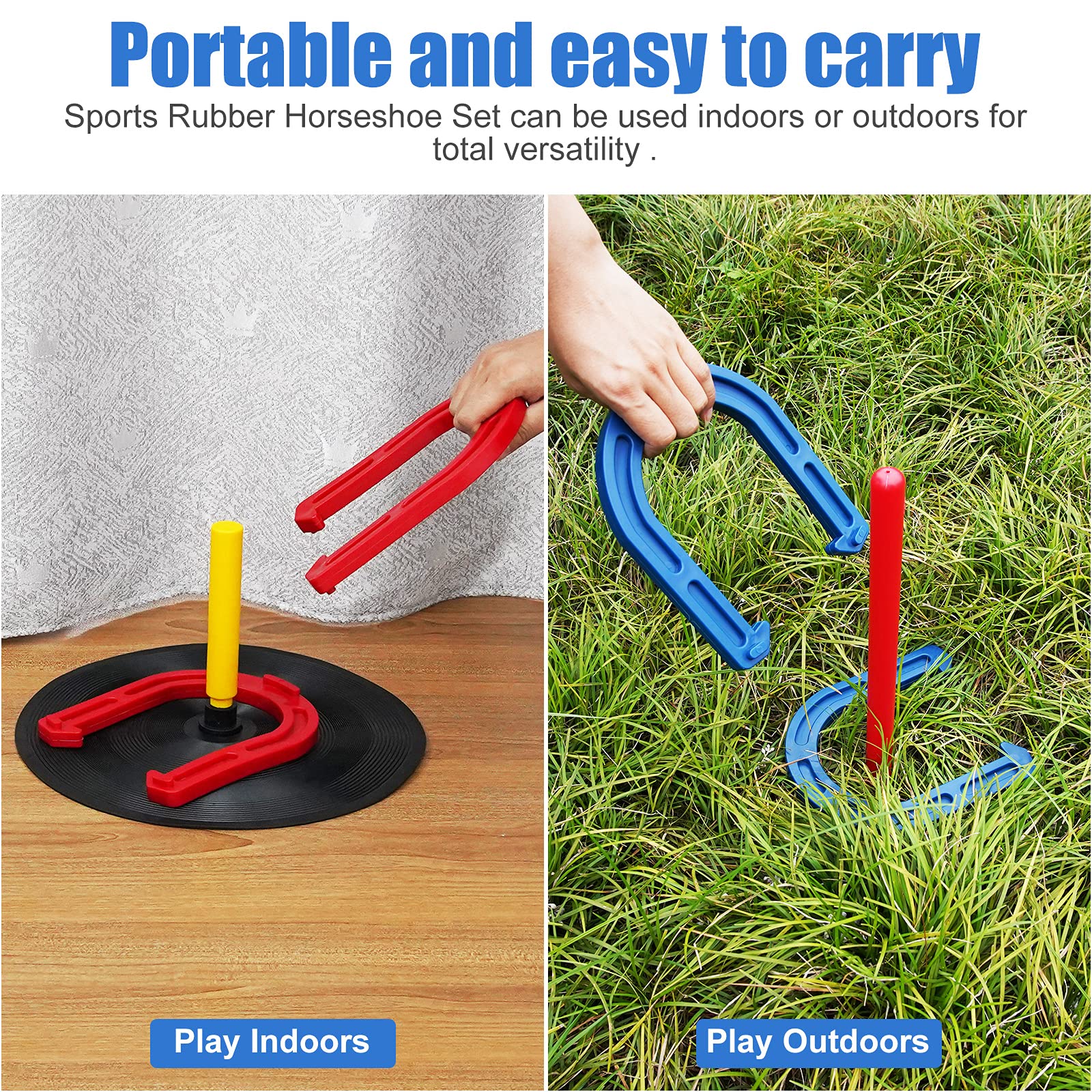 Red and blue horseshoes with yellow indoor stakes