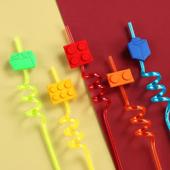 Building Blocks Party straws with orange brick block pattern