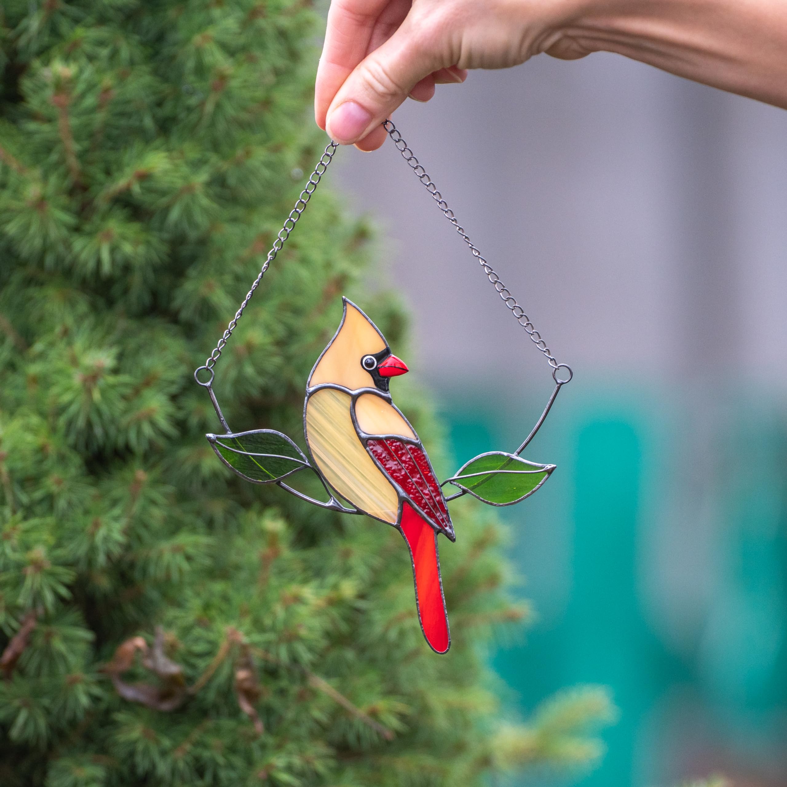 red cardinal stained glass suncatcher packaging and care