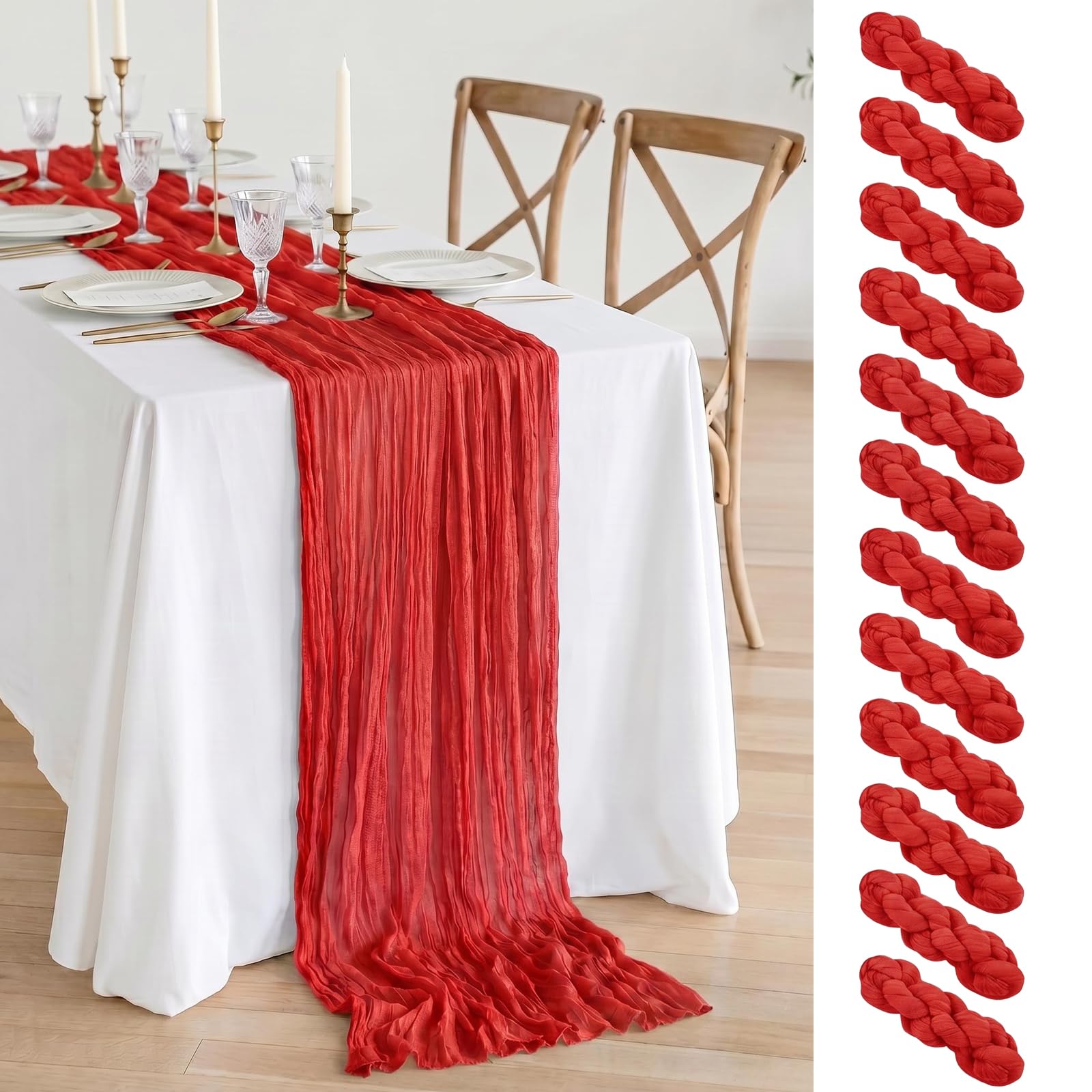 Red cheesecloth table runner 12 pack on dining table