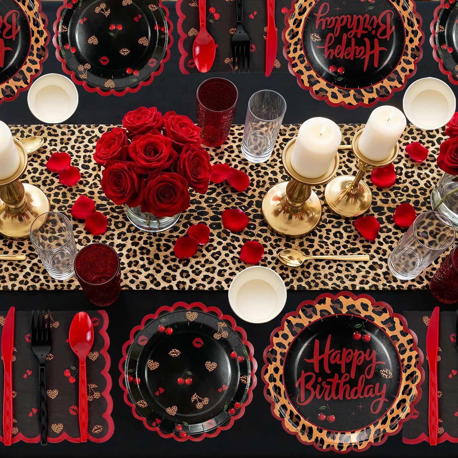 Red cherry leopard party supplies suitable for girls and women