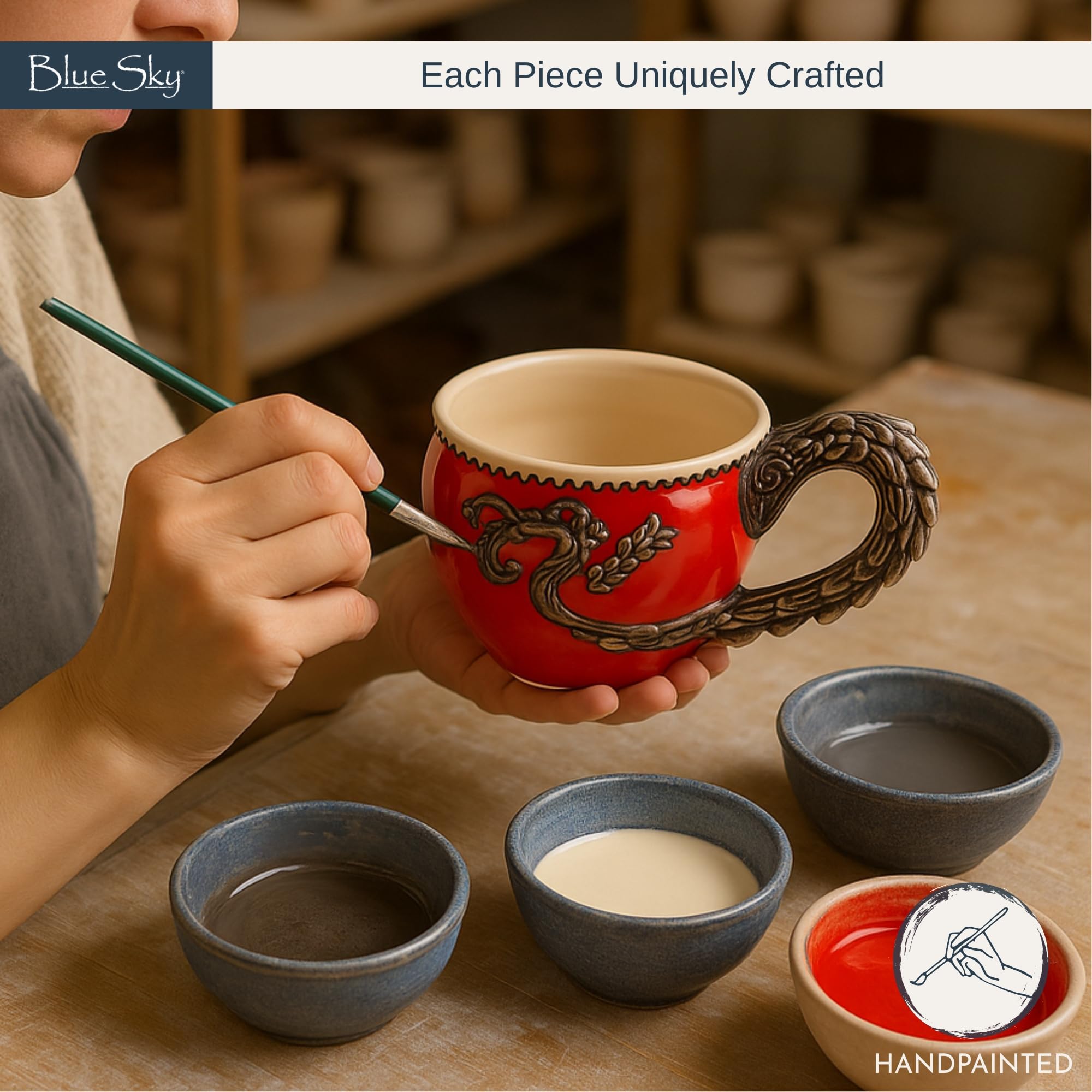 Red Dragon Cup ceramic mug with glossy fire-red finish and scalloped rim