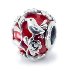 Red Glass Sterling Silver Charm Bead with Love Bird motif