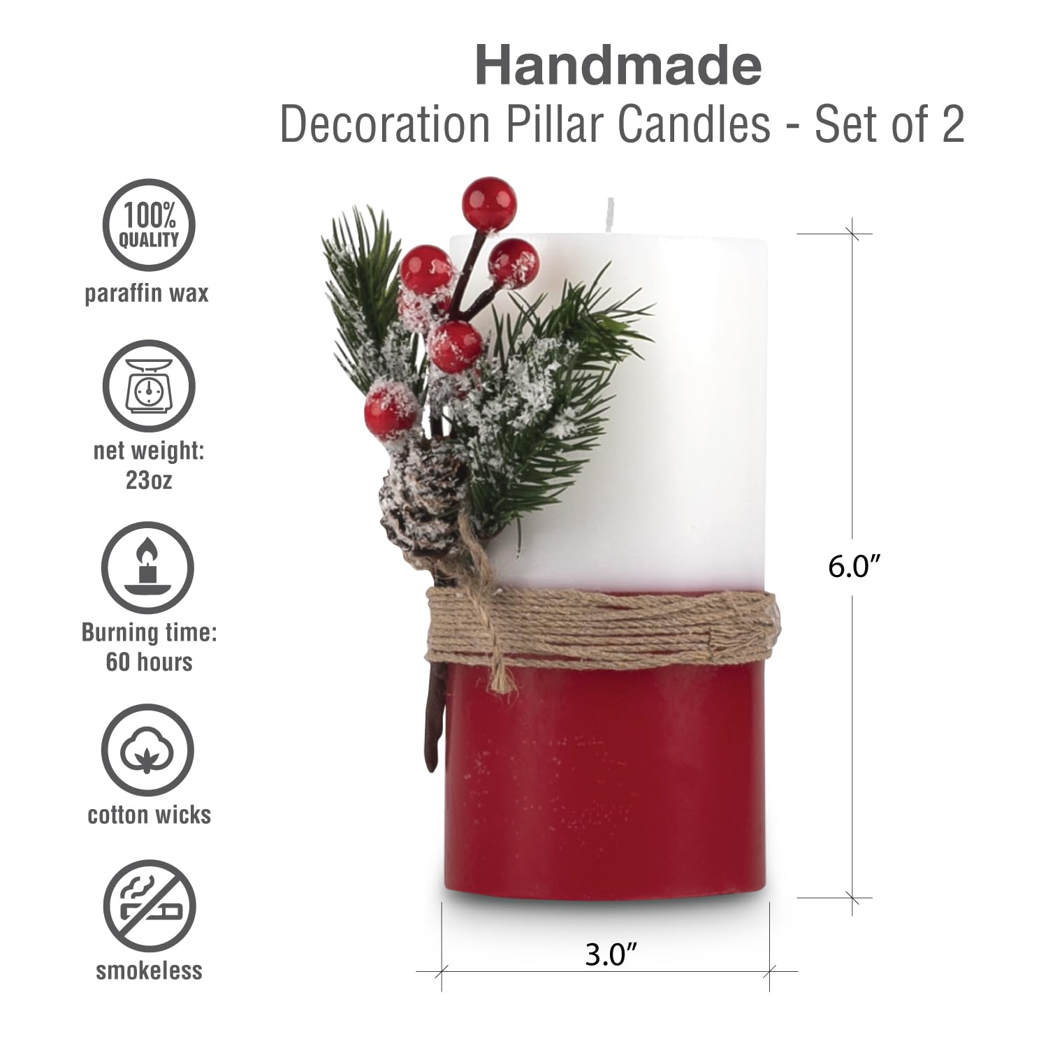 Red Green White pillar candle set of 2 unscented option