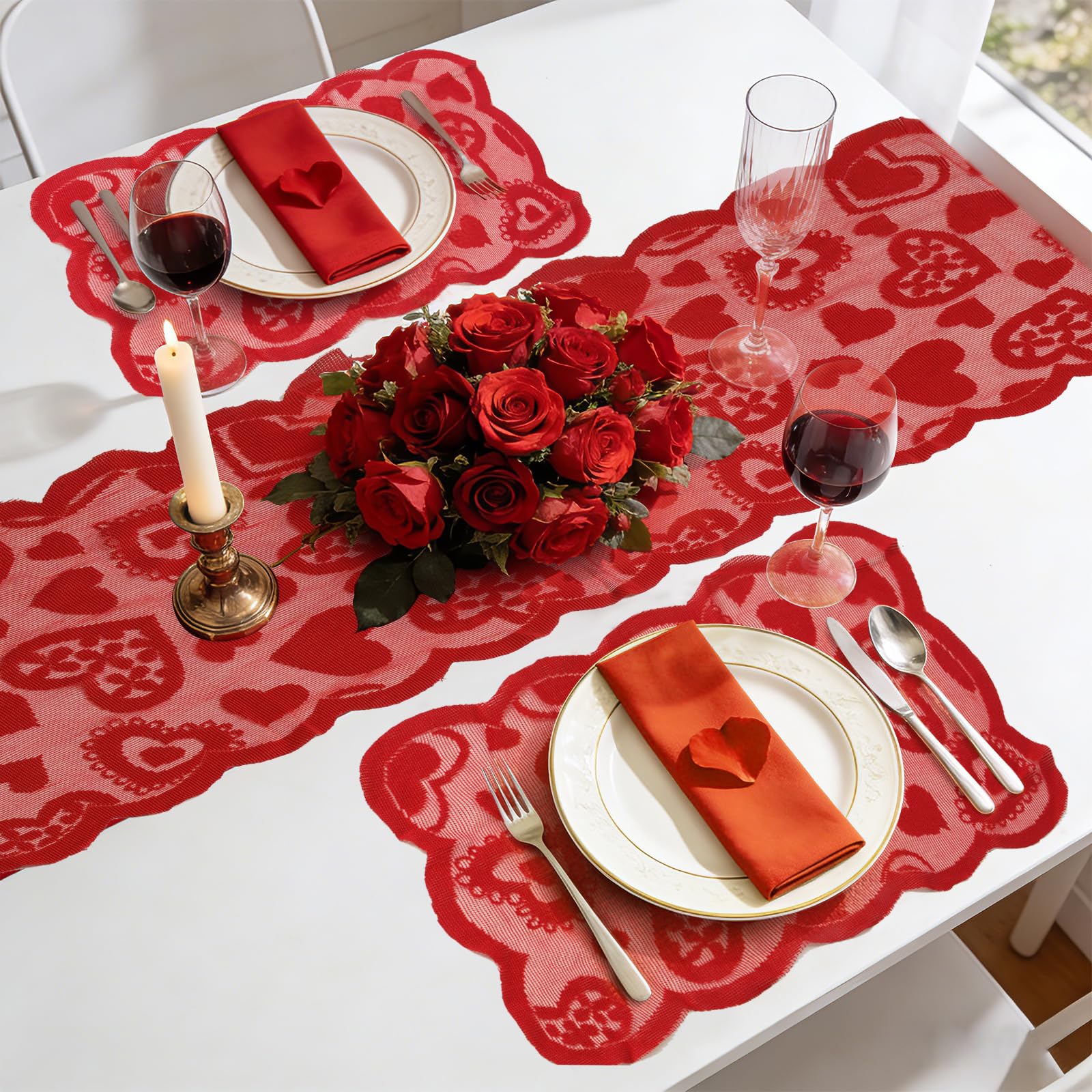 Red heart lace table runner close up showing scalloped edges