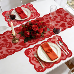 Red heart lace table runner close up showing scalloped edges