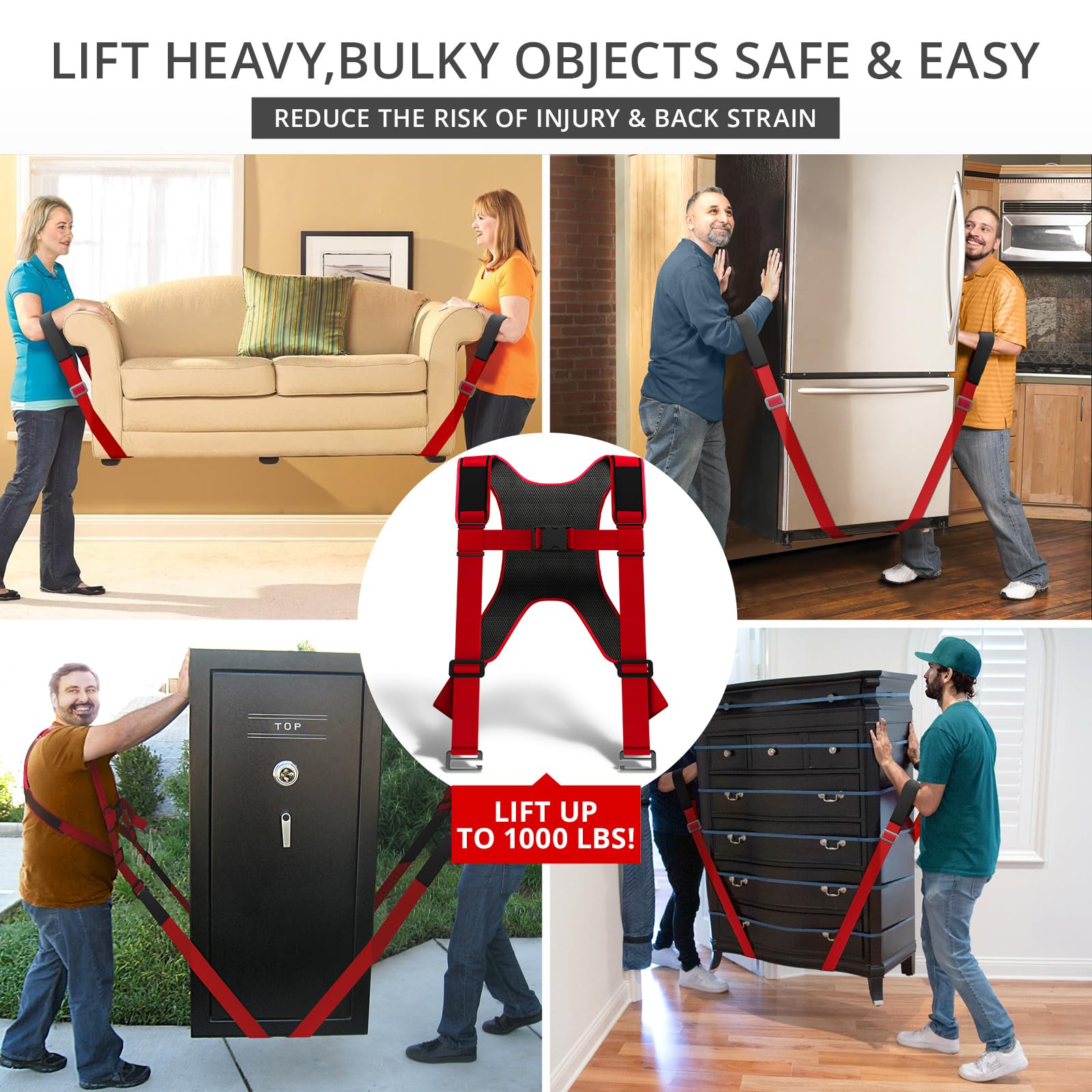 Red nylon moving straps rated to lift up to 1000 lbs