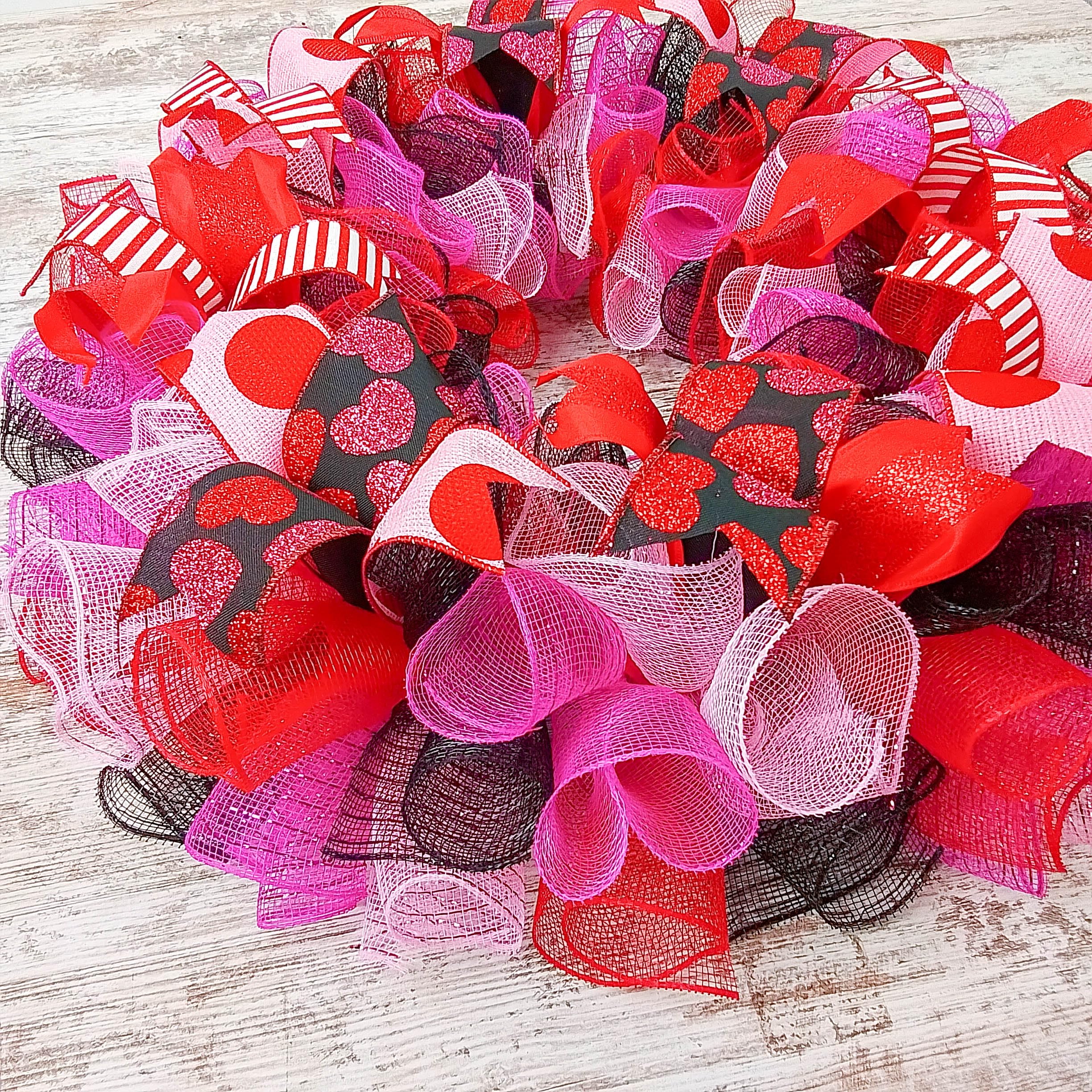 Red Pink Black mesh wreath for indoor and outdoor display